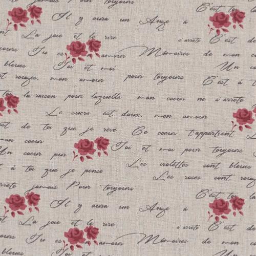 Toile de lin Shabby Chic  - écritures et petites roses rouges