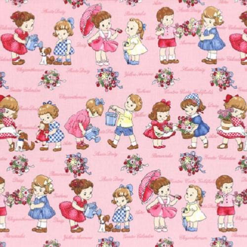 Fat de Tissu Lecien  personnages vintages et bouquets fond rose