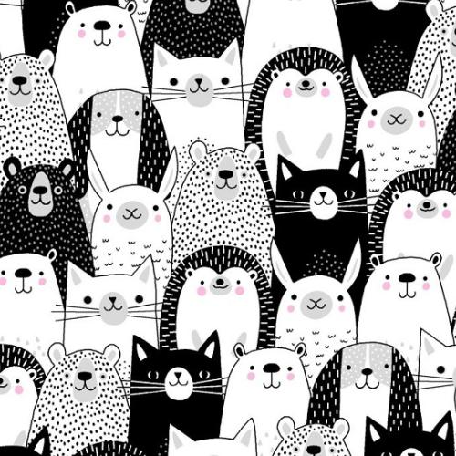Tissu patchwork noir et blanc - Mignons petits animaux