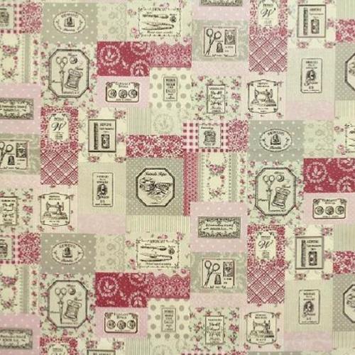 tissu Yuwa lin motifs  étiquettes couture rose et gris