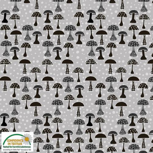 Tissu patchwork petits champignons sur fond gris très clair