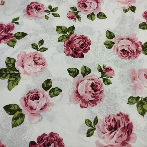 Tissu Patchwork Stof Shabby Gigi Rose – Roses sur fond blanc