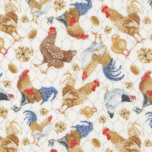 Tissu patchwork poules coqs et poussins pêle mêle